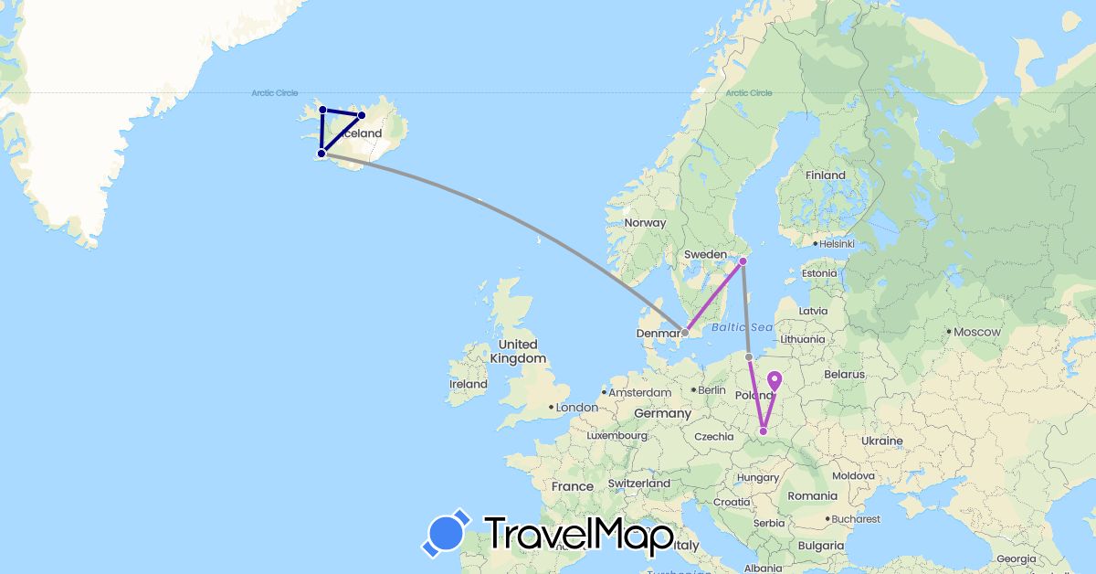TravelMap itinerary: driving, plane, train in Denmark, Iceland, Poland, Sweden (Europe)